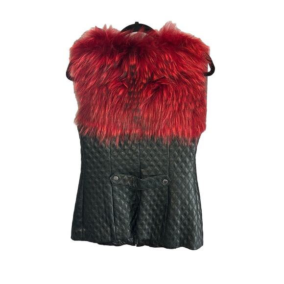 Women’s (M) Black Leather Vest Short Faux Fur Red Purchased in Europe Medium - Picture 2 of 9
